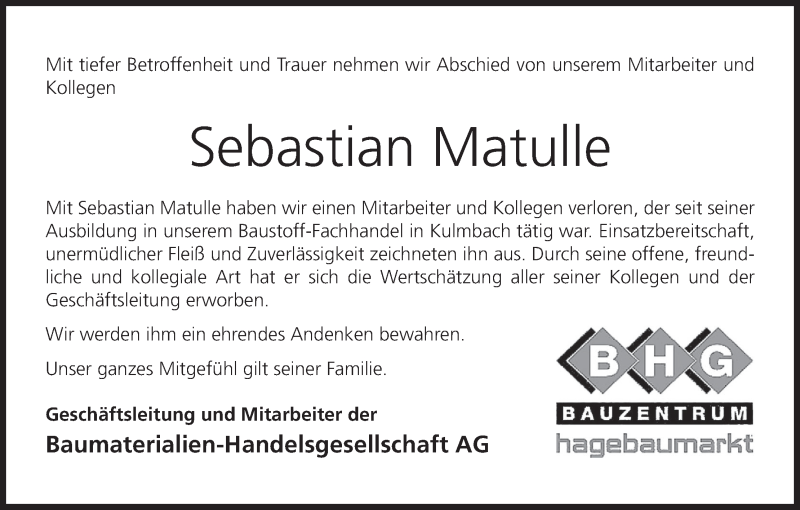  Traueranzeige für Sebastian Matulle vom 09.08.2018 aus MGO