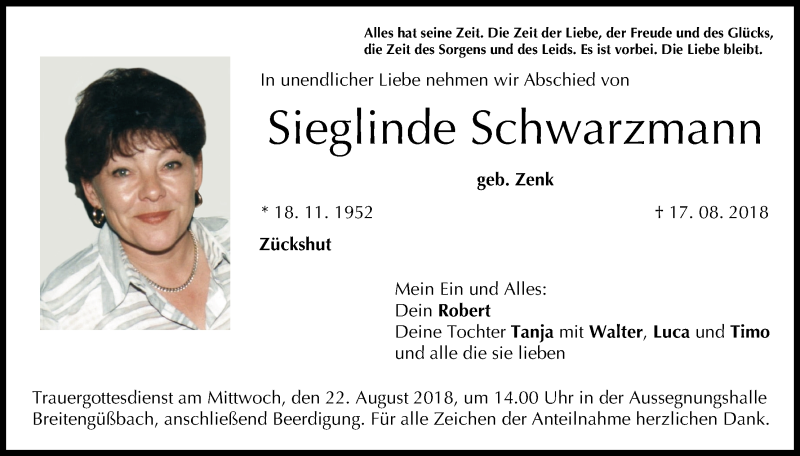  Traueranzeige für Sieglinde Schwarzmann vom 21.08.2018 aus MGO