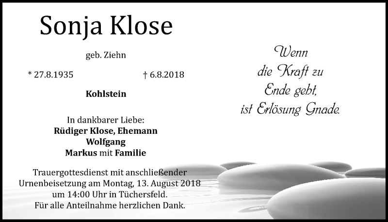  Traueranzeige für Sonja Klose vom 11.08.2018 aus MGO