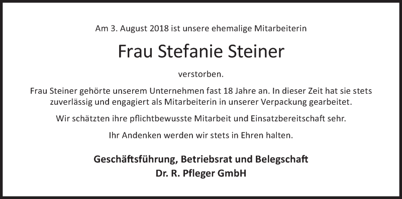  Traueranzeige für Stefanie Steiner vom 08.08.2018 aus MGO