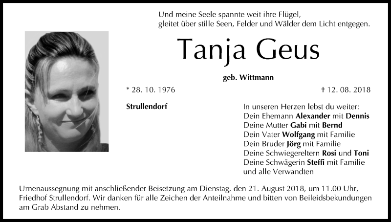  Traueranzeige für Tanja Geus vom 17.08.2018 aus MGO