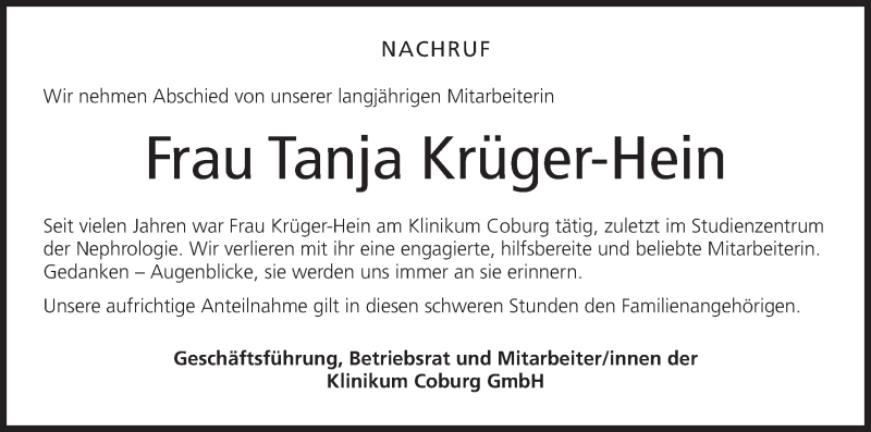  Traueranzeige für Tanja Krüger-Hein vom 01.08.2018 aus MGO