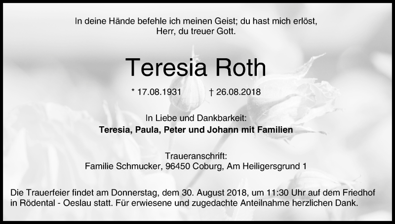  Traueranzeige für Teresia Roth vom 28.08.2018 aus MGO
