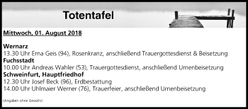 Anzeige von Totentafel vom 01.08.2018 von MGO