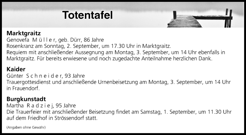  Traueranzeige für Totentafel vom 01.09.2018 vom 01.09.2018 aus MGO