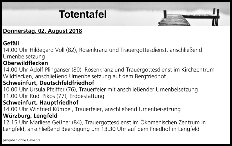  Traueranzeige für Totentafel vom 02.08.2018 vom 02.08.2018 aus MGO