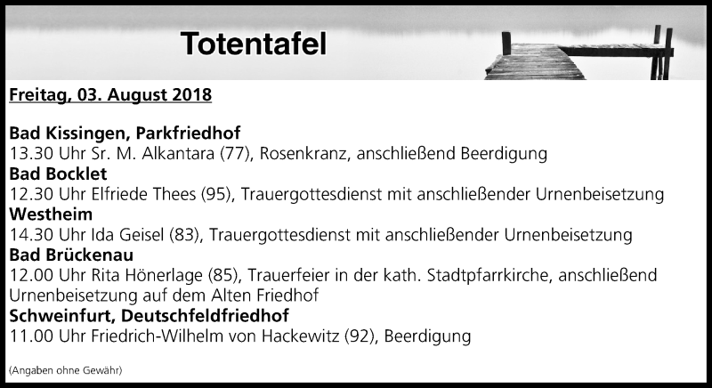  Traueranzeige für Totentafel vom 03.08.2018 vom 03.08.2018 aus MGO