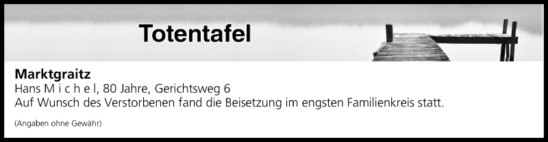  Traueranzeige für Totentafel vom 04.08.2018 vom 04.08.2018 aus MGO
