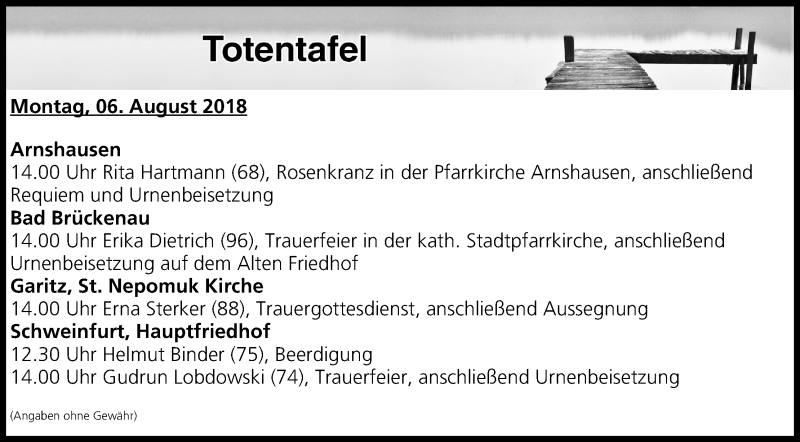  Traueranzeige für Totentafel vom 06.08.2018 vom 06.08.2018 aus MGO