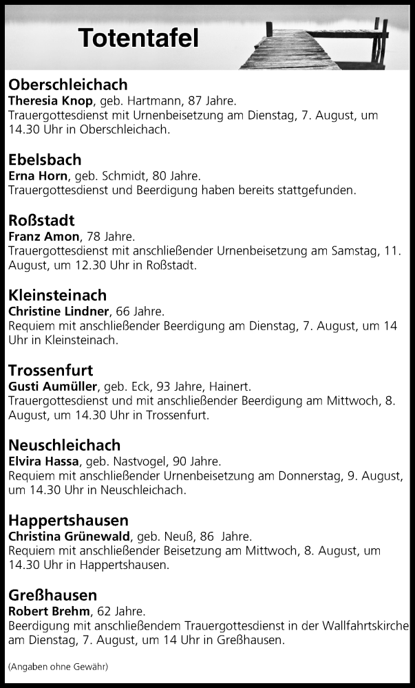  Traueranzeige für Totentafel vom 07.08.2018 vom 07.08.2018 aus MGO