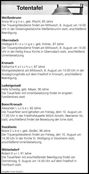 Anzeige von Totentafel vom 08.08.2018 von MGO