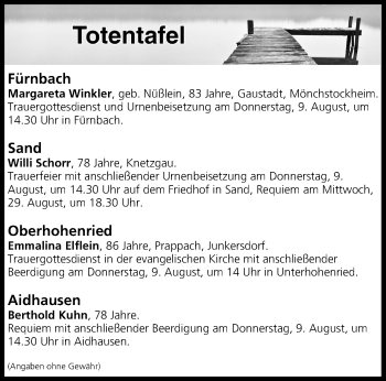 Anzeige von Totentafel vom 08.08.2018 von MGO