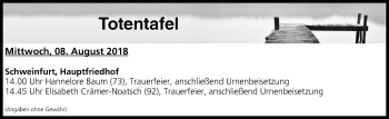Anzeige von Totentafel vom 08.08.2018 von MGO