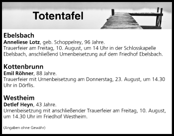 Anzeige von Totentafel vom 09.08.2018 von MGO