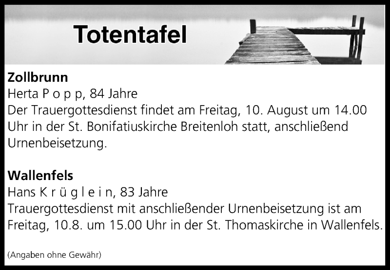  Traueranzeige für Totentafel vom 09.08.2018 vom 09.08.2018 aus MGO