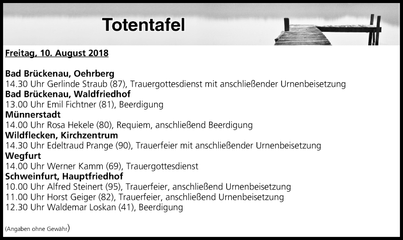  Traueranzeige für Totentafel vom 10.08.2018 vom 10.08.2018 aus MGO