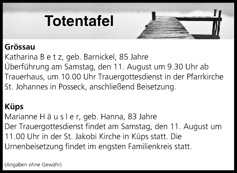  Traueranzeige für Totentafel vom 11.08.2018 vom 11.08.2018 aus MGO