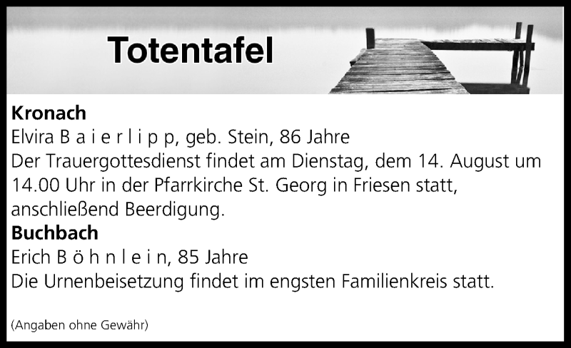  Traueranzeige für Totentafel vom 14.08.2018 vom 14.08.2018 aus MGO