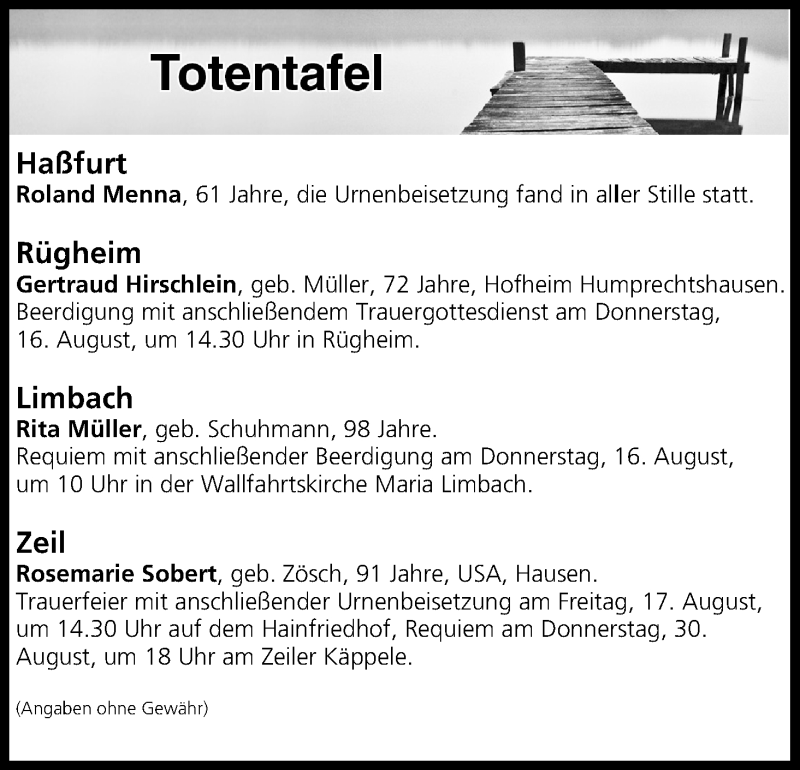 Traueranzeige für Totentafel vom 15.08.2018 vom 15.08.2018 aus MGO