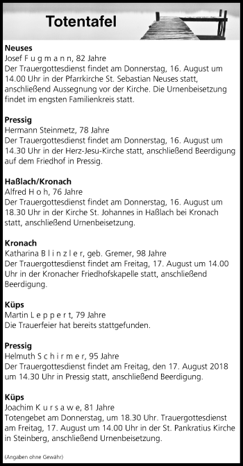 Anzeige von Totentafel vom 16.08.2018 von MGO