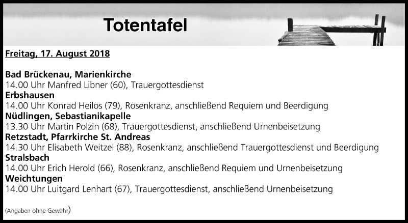  Traueranzeige für Totentafel vom 17.08.2018 vom 17.08.2018 aus MGO