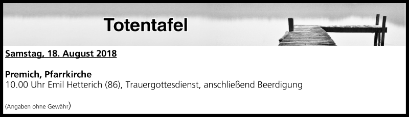  Traueranzeige für Totentafel vom 18.08.2018 vom 18.08.2018 aus MGO