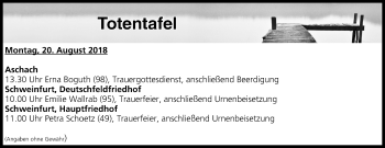 Anzeige von Totentafel vom 20.08.2018 von MGO