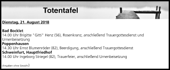 Anzeige von Totentafel vom 21.08.2018 von MGO