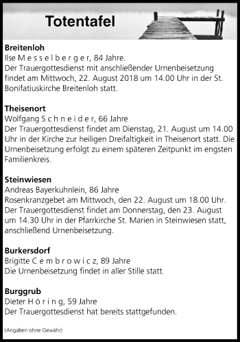 Anzeige von Totentafel vom 21.08.2018 von MGO