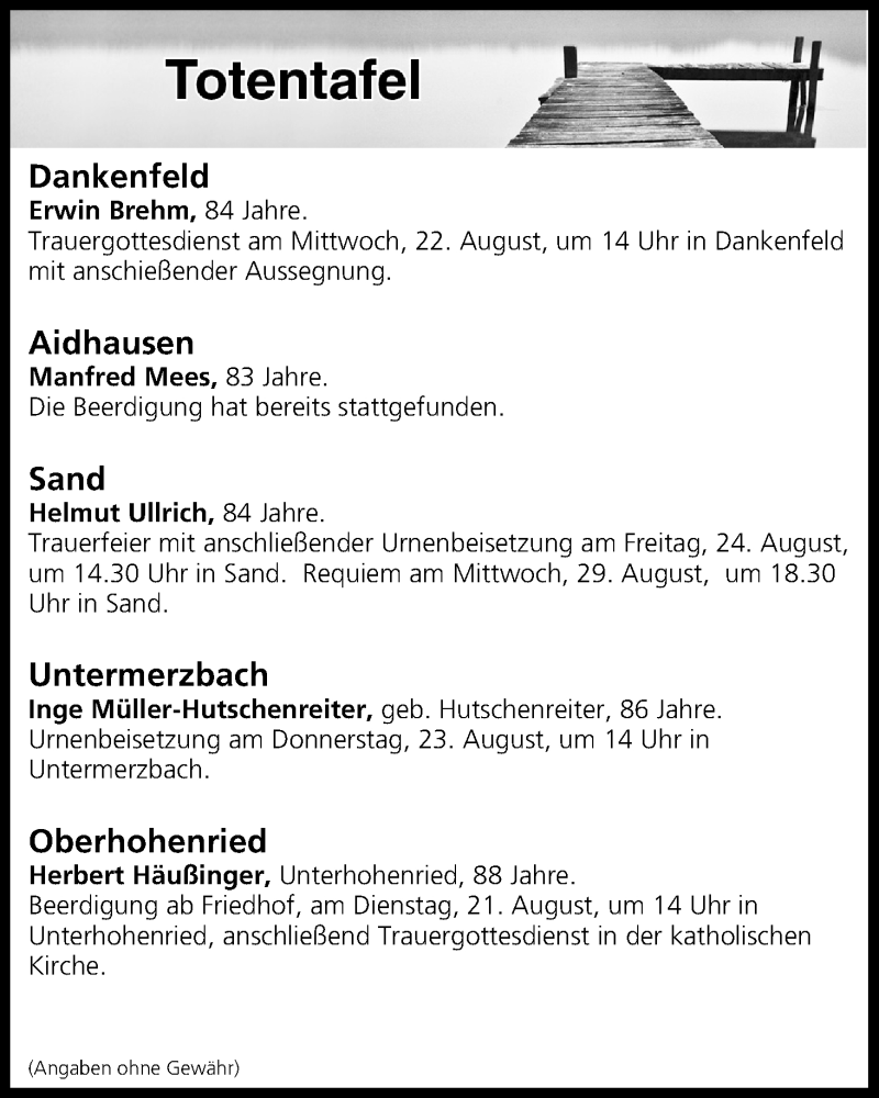 Traueranzeige für Totentafel vom 21.08.2018 vom 21.08.2018 aus MGO