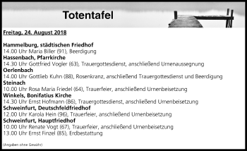 Anzeige von Totentafel vom 24.08.2018 von MGO