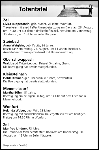 Anzeige von Totentafel vom 24.08.2018 von MGO