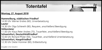 Anzeige von Totentafel vom 27.08.2018 von MGO