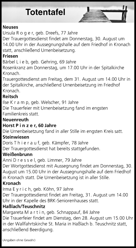  Traueranzeige für Totentafel vom 28.08.2018 vom 28.08.2018 aus MGO