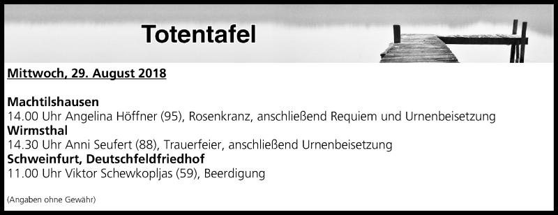  Traueranzeige für Totentafel vom 29.08.2018 vom 29.08.2018 aus MGO