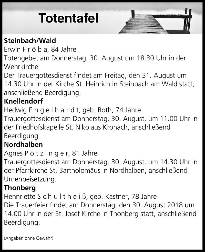  Traueranzeige für Totentafel vom 29.08.2018 vom 29.08.2018 aus MGO