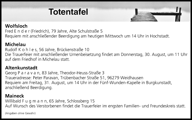  Traueranzeige für Totentafel vom 29.08.2018 vom 29.08.2018 aus MGO