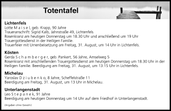 Anzeige von Totentafel vom 30.08.2018 von MGO