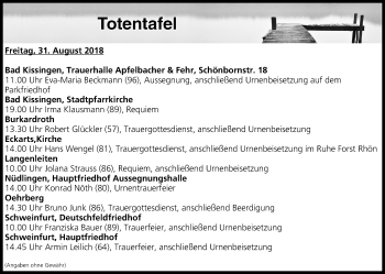 Anzeige von Totentafel vom 31.08.2018 von MGO