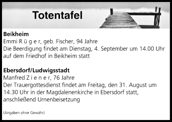 Anzeige von Totentafel vom 31.08.2018 von MGO