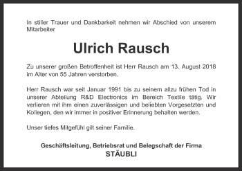 Anzeige von Ulrich Rausch von MGO