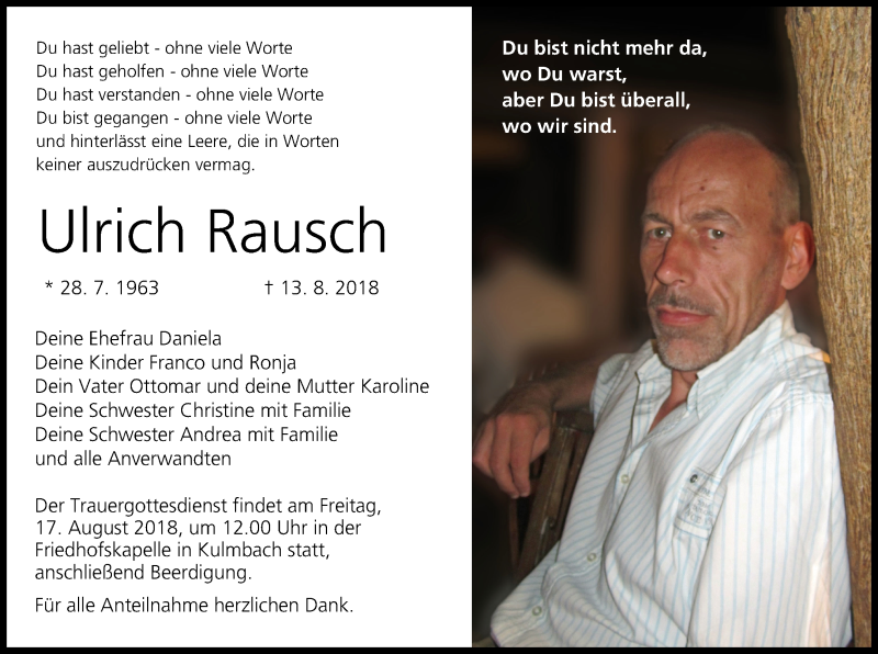  Traueranzeige für Ulrich Rausch vom 16.08.2018 aus MGO