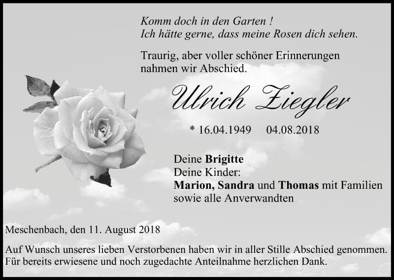  Traueranzeige für Ulrich Ziegler vom 11.08.2018 aus MGO