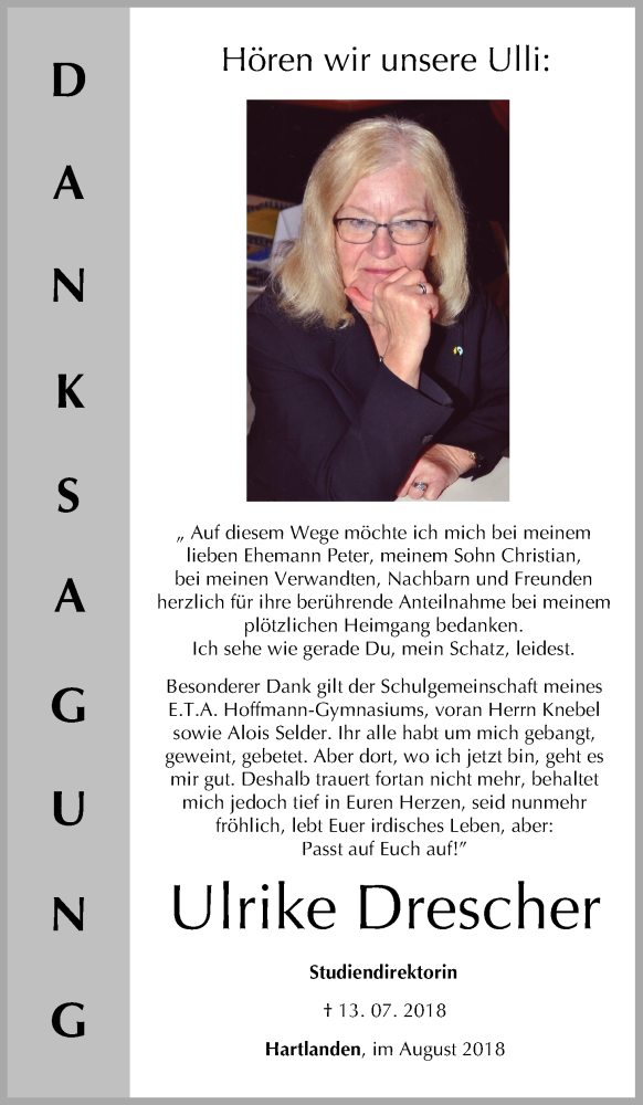  Traueranzeige für Ulrike Drescher vom 11.08.2018 aus MGO