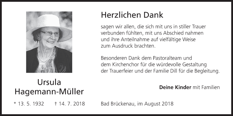  Traueranzeige für Ursula Hagemann-Müller vom 11.08.2018 aus MGO