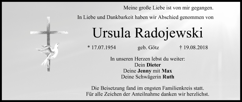  Traueranzeige für Ursula Radojewski vom 25.08.2018 aus MGO