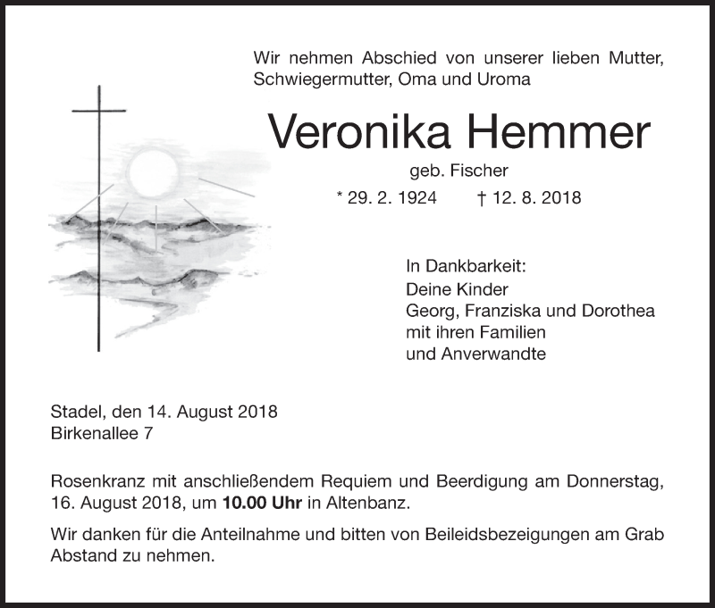  Traueranzeige für Veronika Hemmer vom 14.08.2018 aus MGO