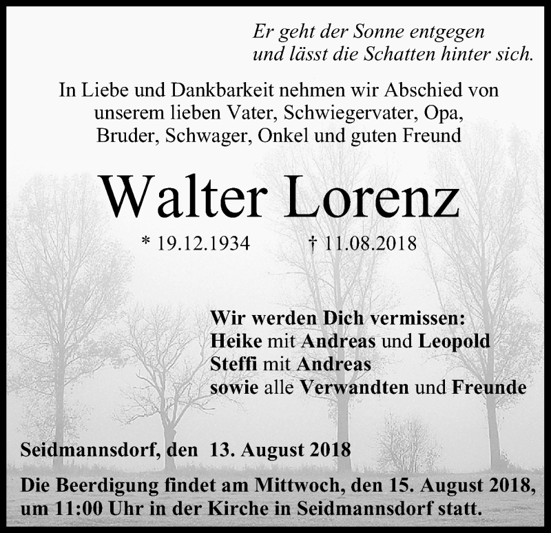  Traueranzeige für Walter Lorenz vom 13.08.2018 aus MGO