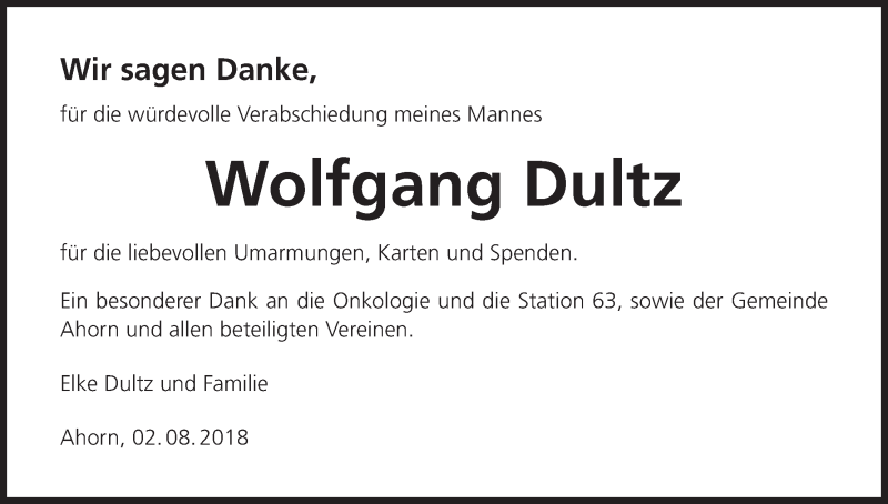  Traueranzeige für Wolfgang Dultz vom 02.08.2018 aus MGO