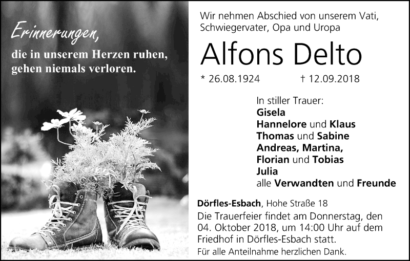  Traueranzeige für Alfons Delto vom 29.09.2018 aus MGO